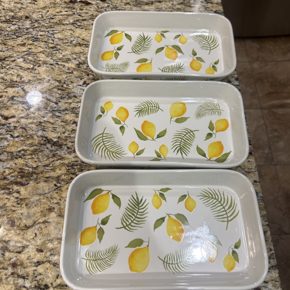 Temp-tations Set of (3) Stoneware Micro Bakers Lemon & Palms